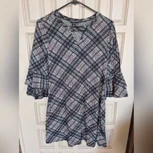 Alyx Petite Dress SzPl Gray/Maroon Plaid Bell Sleeve Fit/Flare Sweater Knit